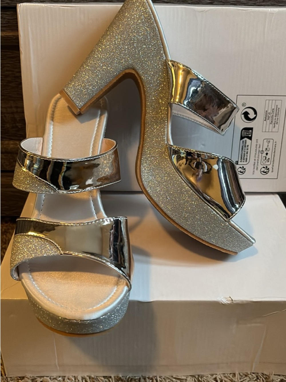 Silver Glitter Platform Block Heel Sandals - Metallic Strappy Women's Shoes
